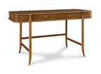 Wooden desk with three drawers on a white background