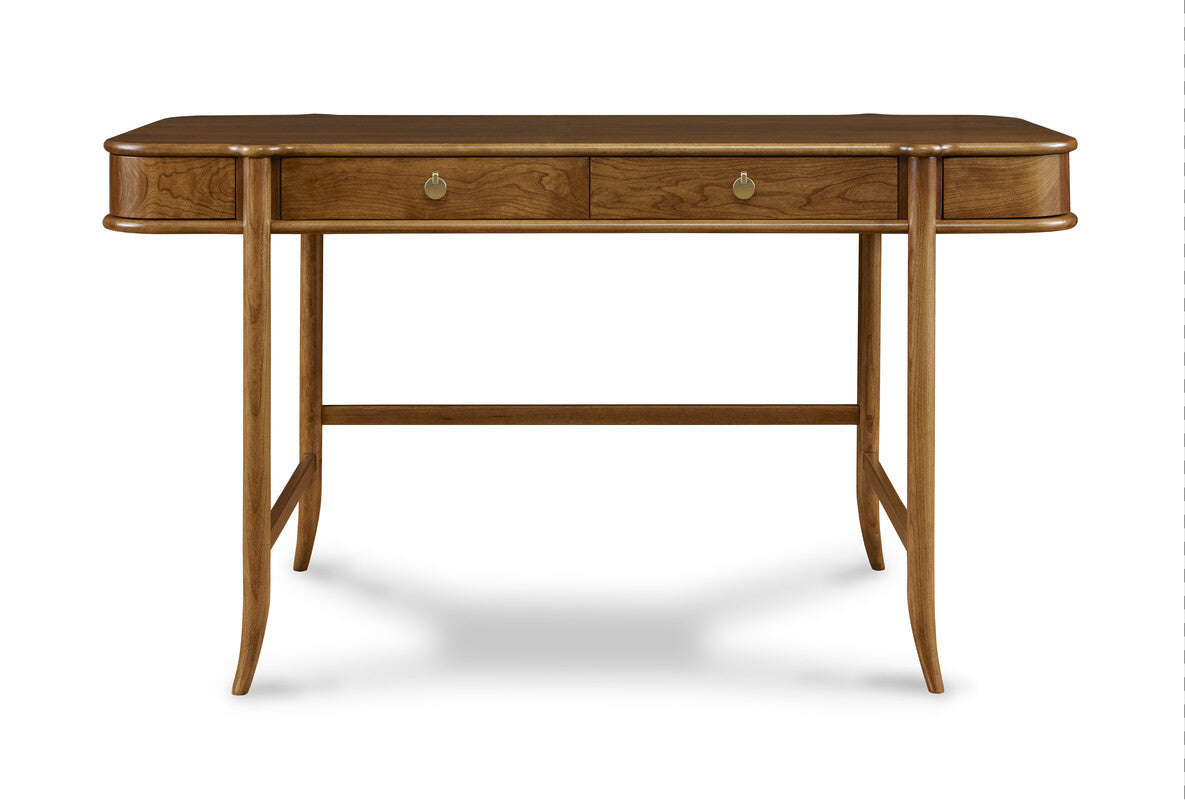 Wooden desk with two drawers on a white background