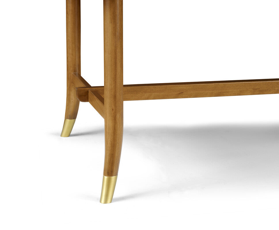 Wooden table with gold legs on a white background