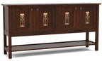 Wooden sideboard with decorative gold handles. 