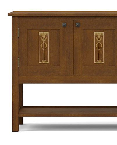 Wooden sideboard with decorative panels.