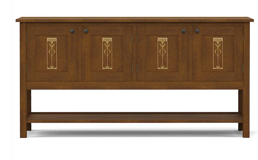 Wooden sideboard with decorative panels.