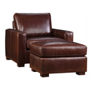 Brown leather armchair and ottoman set on a white background