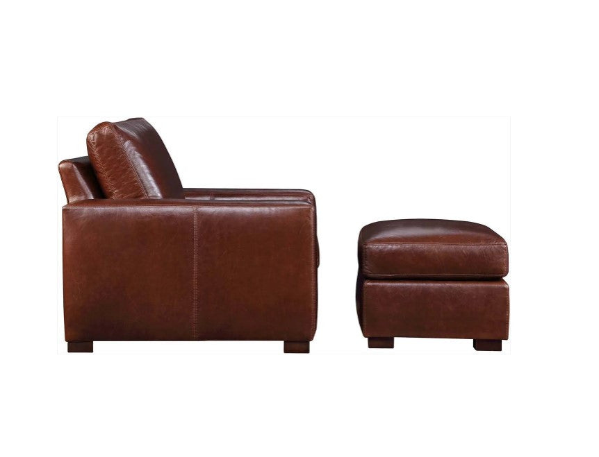 Brown leather armchair and ottoman set on a white background