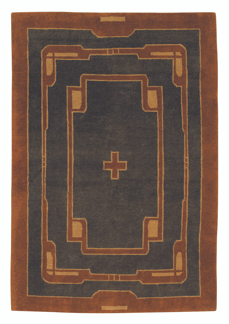 Rug with a cross design and border on a dark blue background