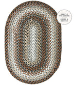 An oval braided area rug with concentric bands of white, gray, beige, and rust brown, shown on a white background with a circular callout in the top right.