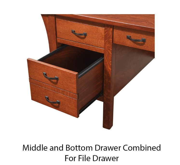 A close-up of a wooden desk or filing cabinet showing the middle and bottom drawers pulled open, with black drawer pulls and a wood grain finish. Text below reads 'Middle and Bottom Drawer Combined For File Drawer'.