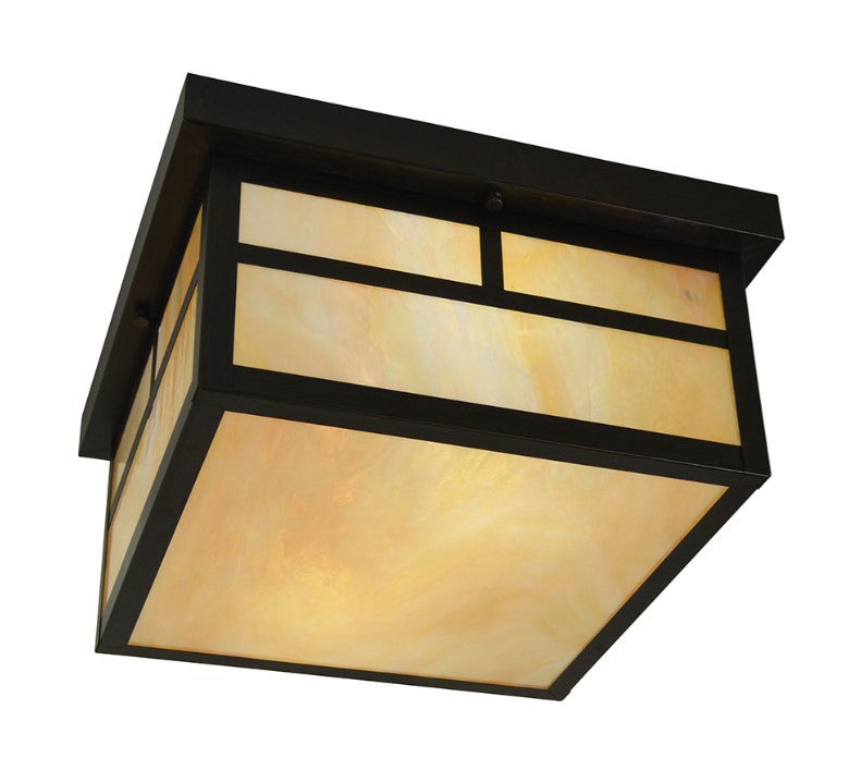 Ceiling light fixture with black frame and beige glass on a white background