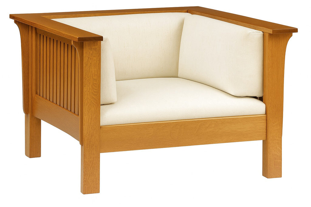 Wooden armchair with white cushions on a white background