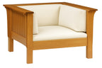 Wooden armchair with white cushions on a white background