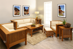 Wooden living room furniture set with beige cushions in a well-lit room.