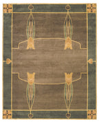 Decorative rug with geometric pattern on a brown and green background