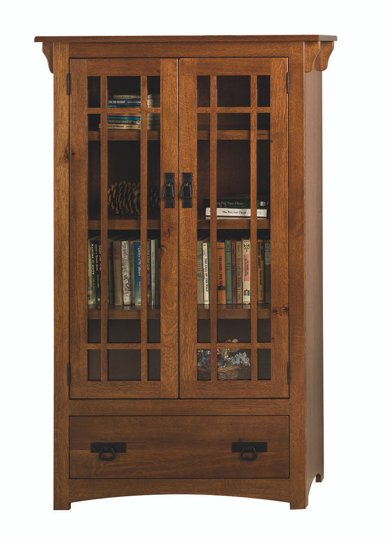 Wooden bookshelf with glass doors on a white background