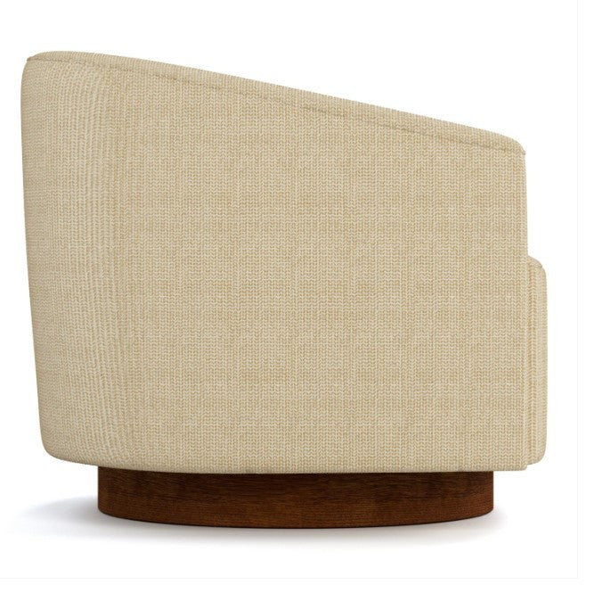 Beige upholstered chair with a wooden base on a white background