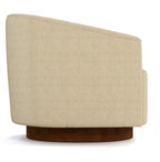 Beige upholstered chair with a wooden base on a white background
