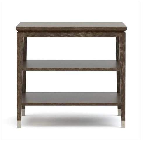 Wooden side table with a dark finish on a white background
