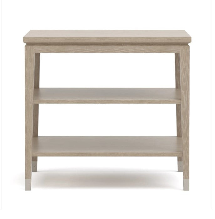 Light wooden side table with two shelves on a white background