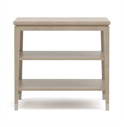 Light wooden side table with two shelves on a white background
