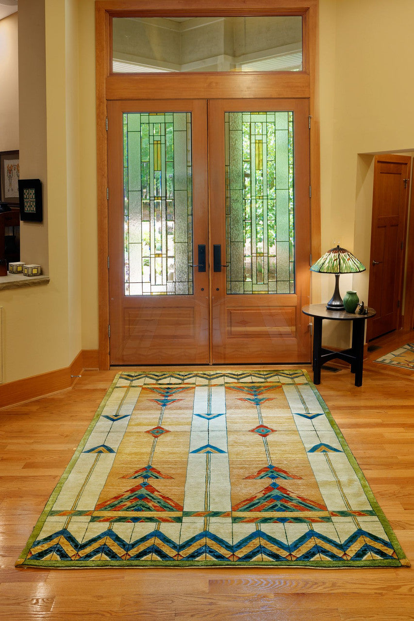 Stained Glass Gold Hand Knotted Wool Rug | PC-51A, overhead runner lifestyle shot