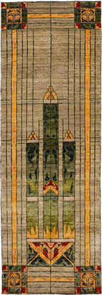 Stained Glass Window Collection rugs – hand knotted 100% handspun wool area rugs in Prairie Style geometric stained glass designs, shown in runner format