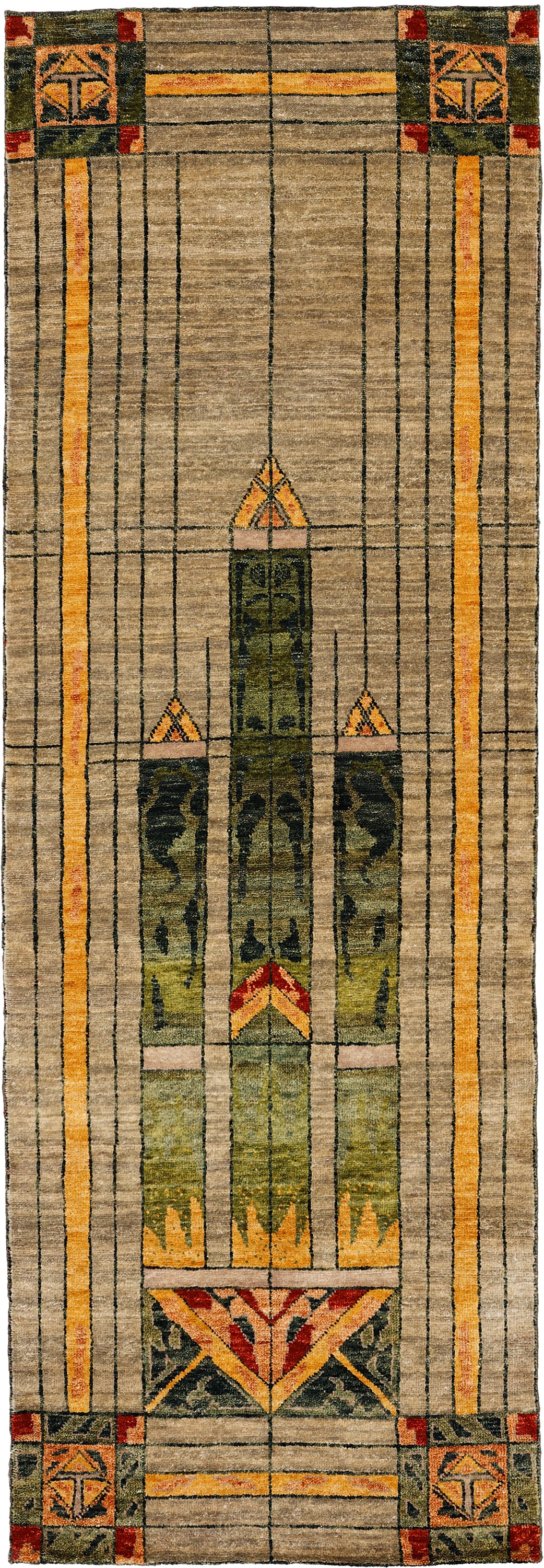 Stained Glass Window Collection rugs – hand knotted 100% handspun wool area rugs in Prairie Style geometric stained glass designs, shown in runner format