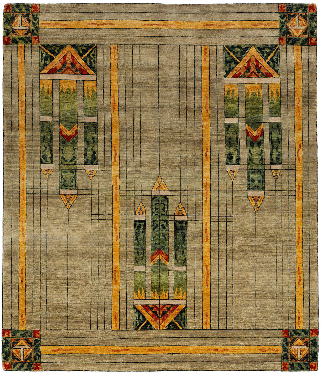 Stained Glass Green Hand Knotted Wool Area Rug PC-50A in 8x10 – soft grey field with green rectilinear geometric shapes and terra cotta accents, Prairie Style design