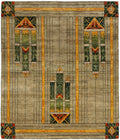 Stained Glass Green Hand Knotted Wool Area Rug PC-50A in 8x10 – soft grey field with green rectilinear geometric shapes and terra cotta accents, Prairie Style design