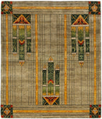 Stained Glass Green Hand Knotted Wool Area Rug PC-50A in 8x10 – soft grey field with green rectilinear geometric shapes and terra cotta accents, Prairie Style design