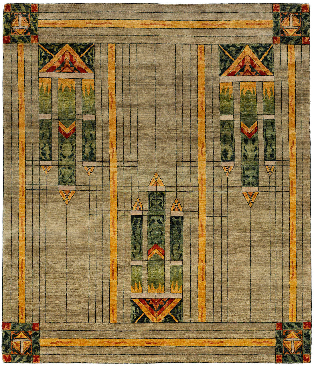 Stained Glass Green Hand Knotted Wool Area Rug PC-50A in 8x10 – soft grey field with green rectilinear geometric shapes and terra cotta accents, Prairie Style design