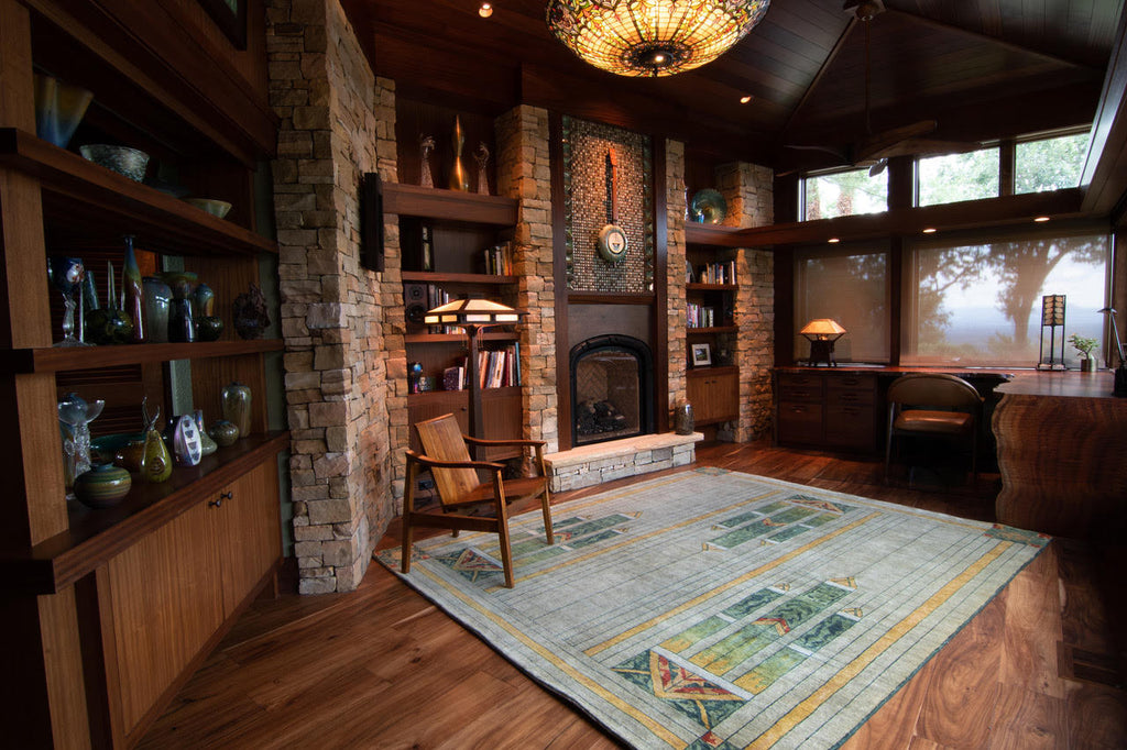 Stained Glass Green Wool Rug PC-50A – full view of hand knotted geometric stained glass pattern in shades of green on a soft grey ground with straw and apricot accents