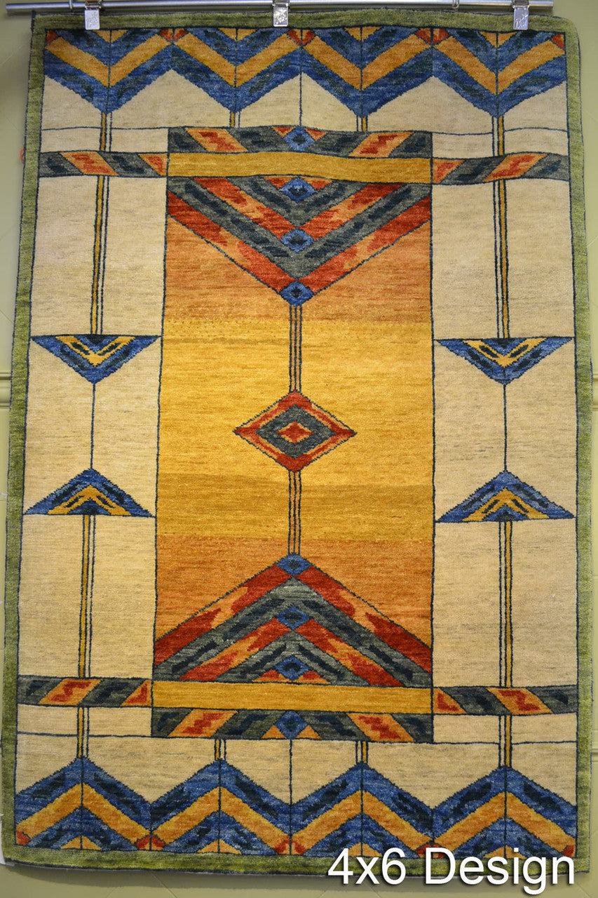 Stained Glass Gold Hand Knotted Wool Rug | PC-51A, overhead 4x6 shot