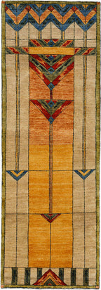 Stained Glass Gold Hand Knotted Wool Rug | PC-51A, overhead runner shot