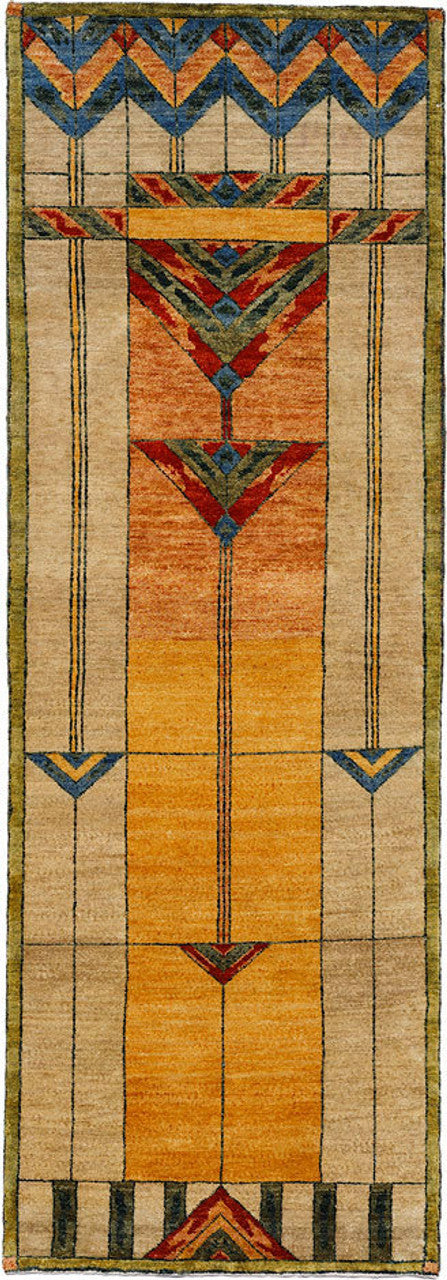 Stained Glass Gold Hand Knotted Wool Rug | PC-51A, overhead runner shot