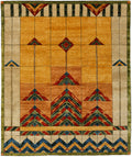 Stained Glass Gold Hand Knotted Wool Rug | PC-51A, flt overhead shot