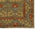 Streatham Park Hand Knotted Wool Rug PC-53A – full view of Arts & Crafts rose motif design in handspun wool with soft brown field and gold and terra cotta accents