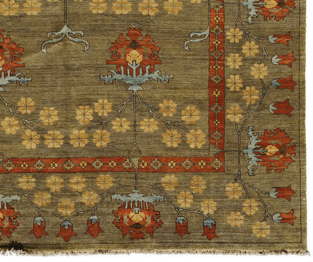 Streatham Park Hand Knotted Wool Rug PC-53A – full view of Arts & Crafts rose motif design in handspun wool with soft brown field and gold and terra cotta accents
