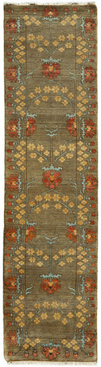 Streatham Park Hand Knotted Wool Runner Rug PC-53 – Arts & Crafts rose motif in runner format, soft brown field with gold, terra cotta, and grey-blue accents