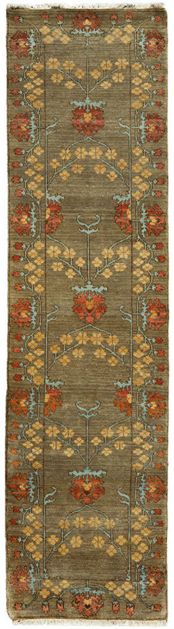 Streatham Park Hand Knotted Wool Runner Rug PC-53 – Arts & Crafts rose motif in runner format, soft brown field with gold, terra cotta, and grey-blue accents