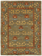 Streatham Park Hand Knotted Wool Area Rug PC-53A in 8x10 – soft brown field with gold, terra cotta, and grey-blue Morton-Robertson rose motif, Arts & Crafts design