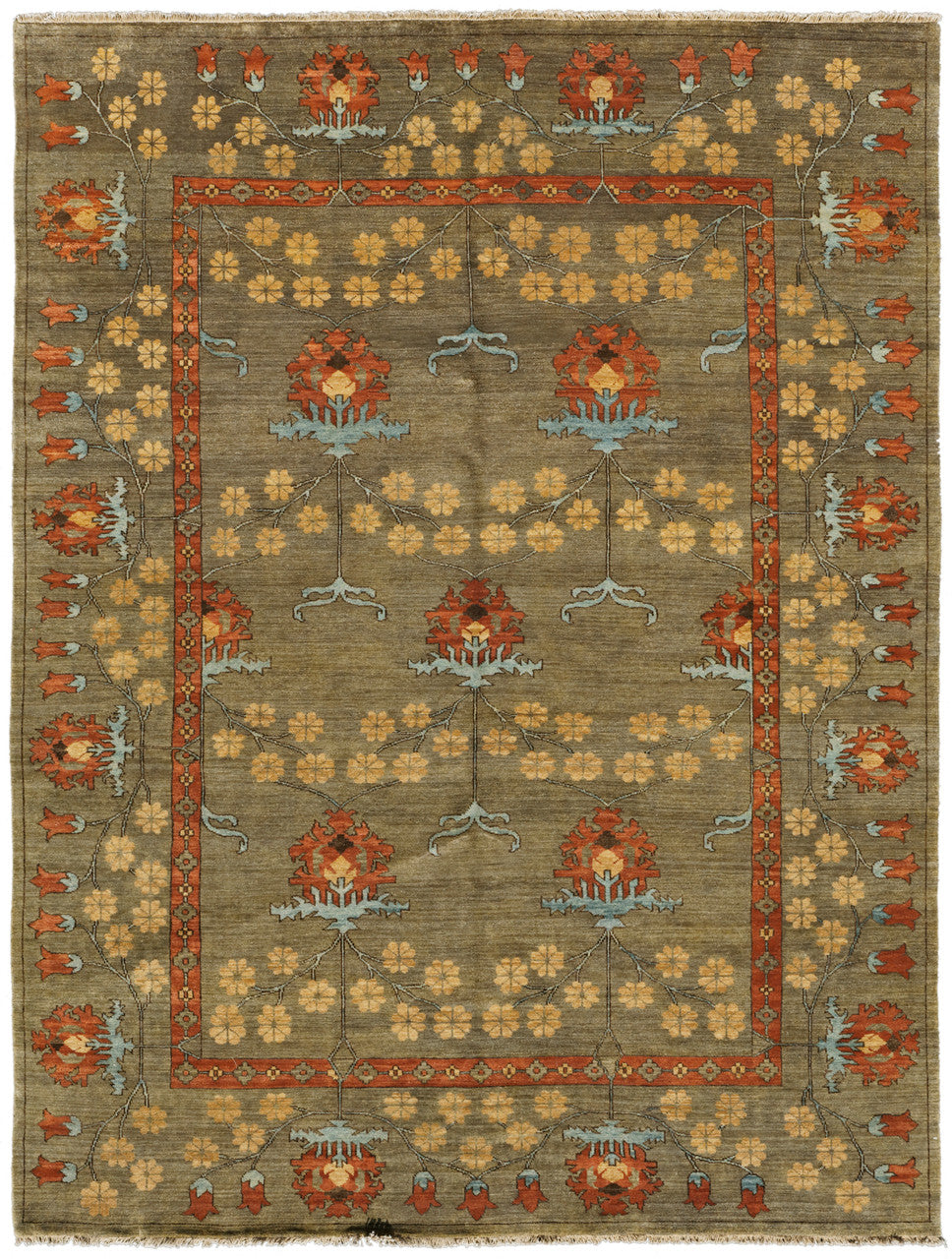Streatham Park Hand Knotted Wool Area Rug PC-53A in 8x10 – soft brown field with gold, terra cotta, and grey-blue Morton-Robertson rose motif, Arts & Crafts design