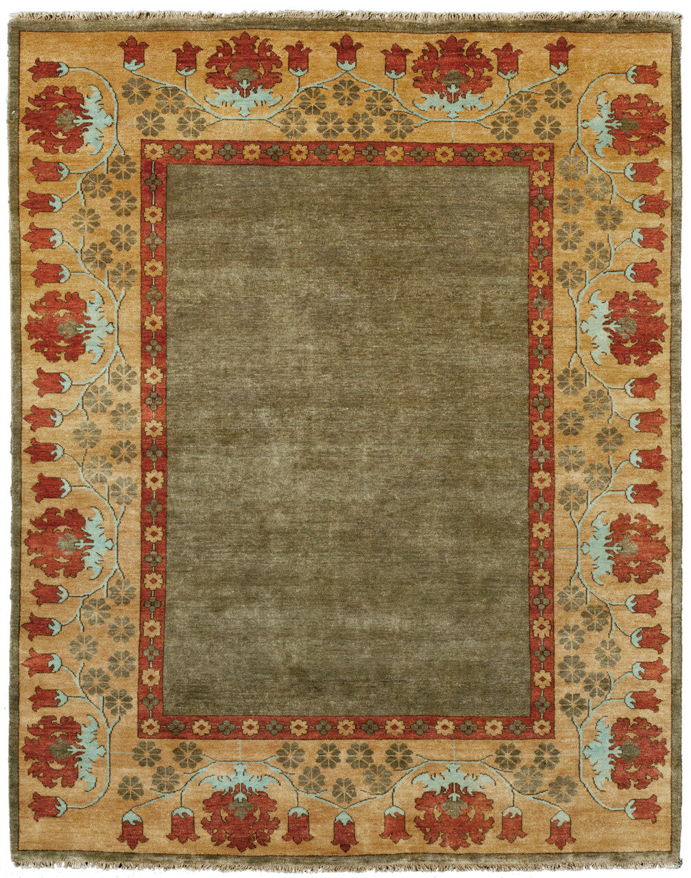 Streatham Park Border Hand Knotted Wool Area Rug PC-54A – Soft Brown Field with Gold Border, Arts & Crafts Design