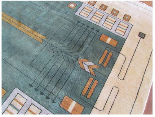 Prairie III Wool Rug PC-58 – Arts & Crafts geometric stained glass motif in green and cream, hand knotted 100% wool area rug
