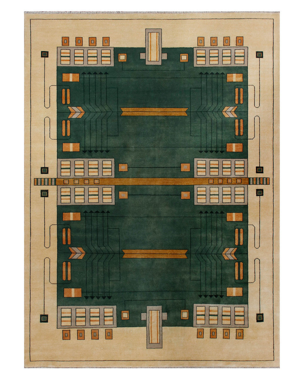 Prairie III Hand Knotted Wool Area Rug PC-58 in 8x10 – Frank Lloyd Wright geometric stained glass design in green and cream