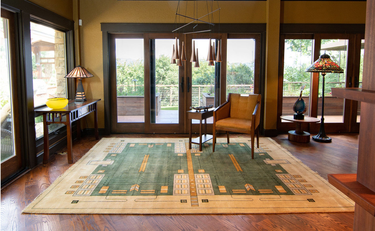 Prairie III Wool Rug PC-58 cropped detail – close-up of geometric stained glass pattern hand knotted in green and cream wool