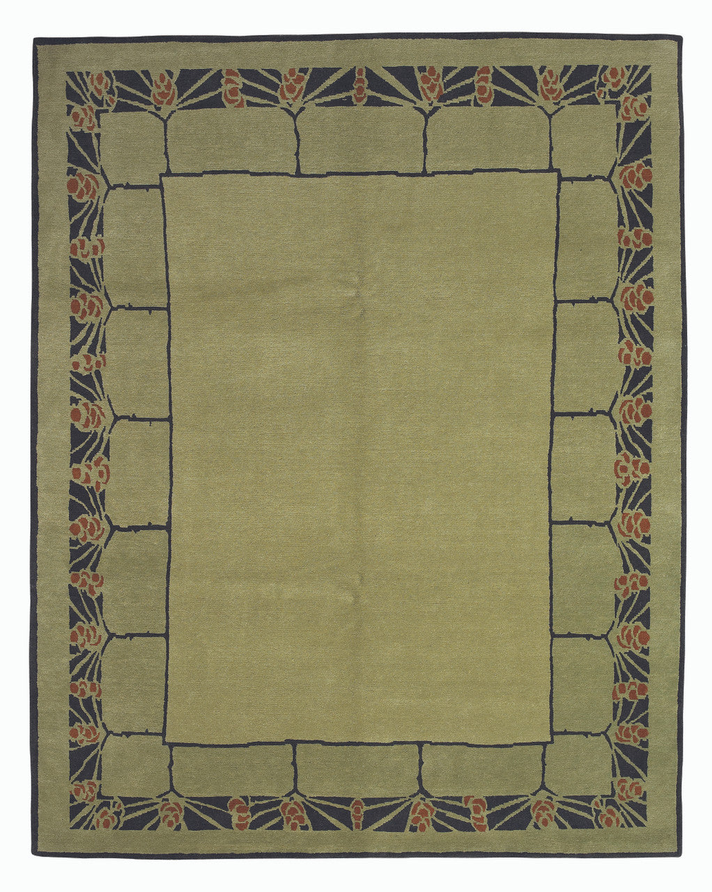 Green area rug with decorative border on a white background
