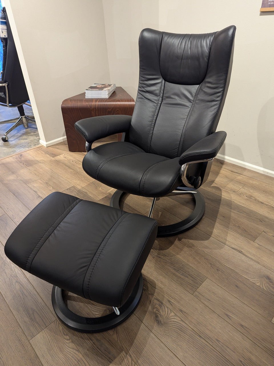 Stressless Wing Medium  Signature  Base Chair and Ottoman in Paloma Black