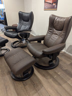 Stressless Wing Medium Classic Base Recliner and Ottoman in Paloma Chestnut