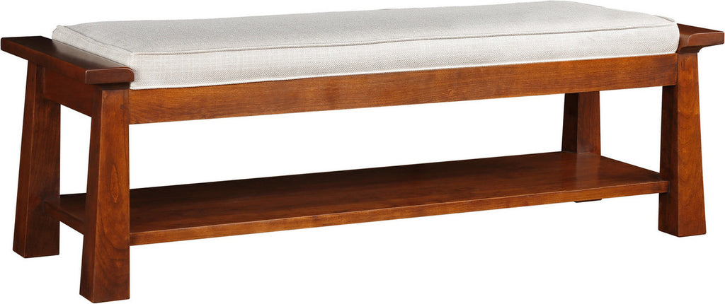 Wooden bench with a white cushion on a white background