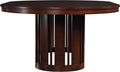 Wooden round table with a dark brown finish.