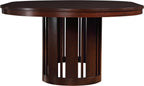 Wooden round table with a dark brown finish.